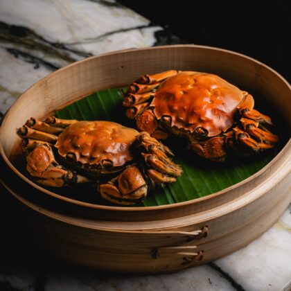 Steamed Hairy Crabs in bamboo basket for The Chinese Library's 2026 limited crab menu
