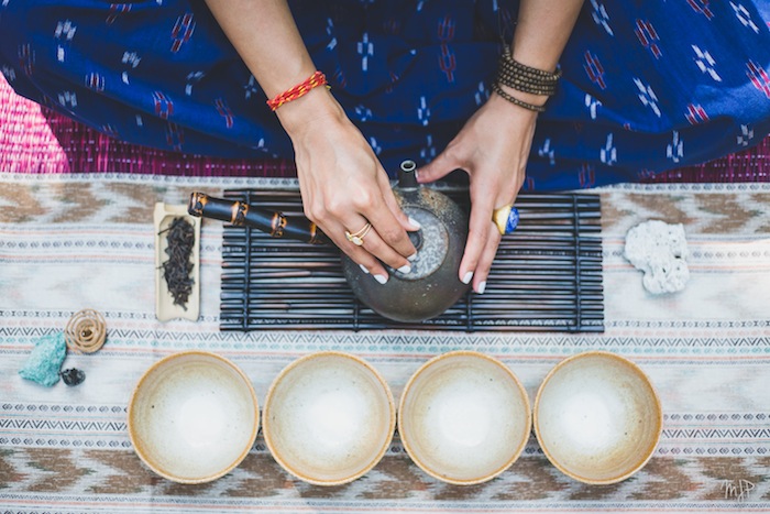 tea ceremony with teapot and tea cups