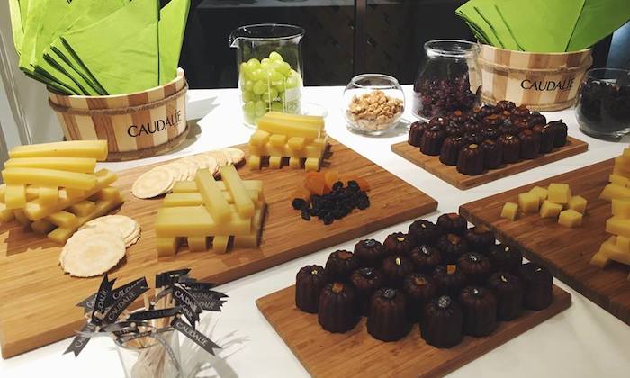 Wine, cheese and grape snacks at Caudalie event Hong Kong