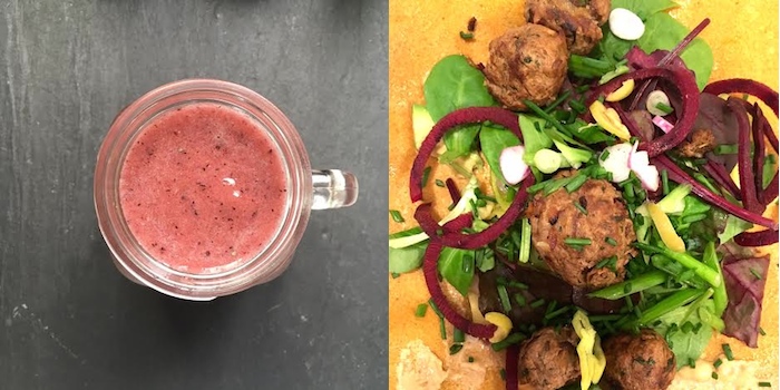 a collage of a smoothie and lamb meatballs