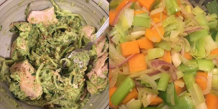 a collage of avocado chicken and mixed vegetables
