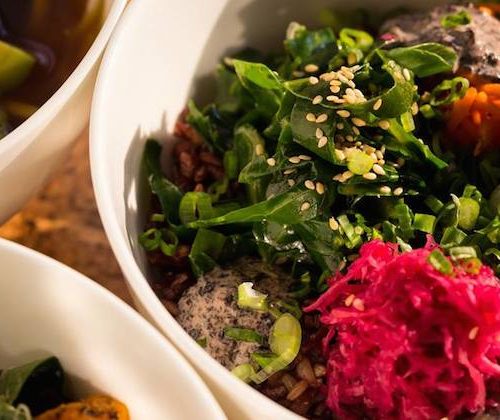 a healthy salad and quinoa bowl from home eat to live
