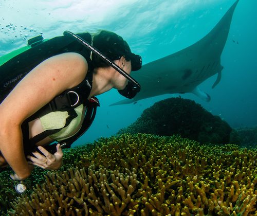 a girl scuba diving with a manta ray