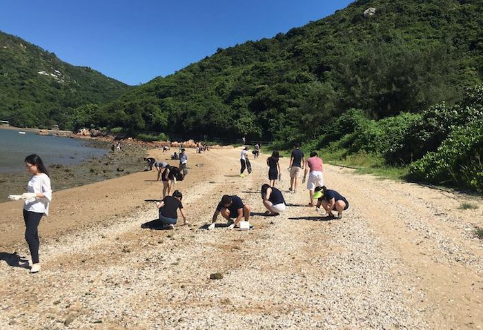 people cleaning up rubbish from a hong kong beach