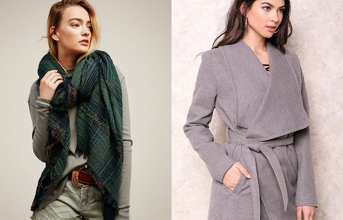 a collage of models wearing a scarf and coat