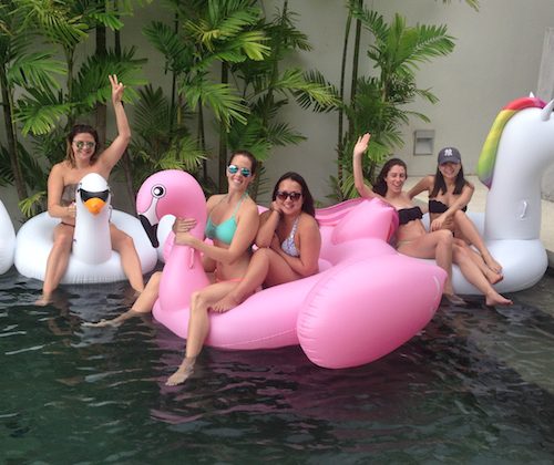 friends floating on a pink swan