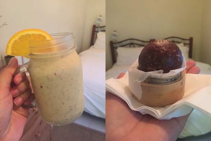 a collage of a smoothie and a truffle