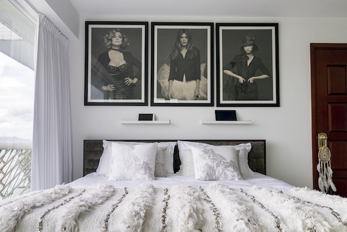 black and white glamour photos in a bedroom