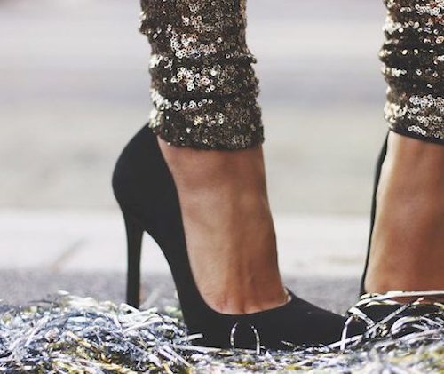 black heels and sequin leggings