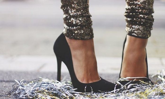 black heels and sequin leggings