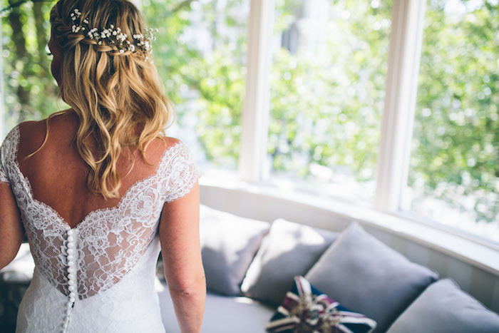 bride wearing a lace wedding dress