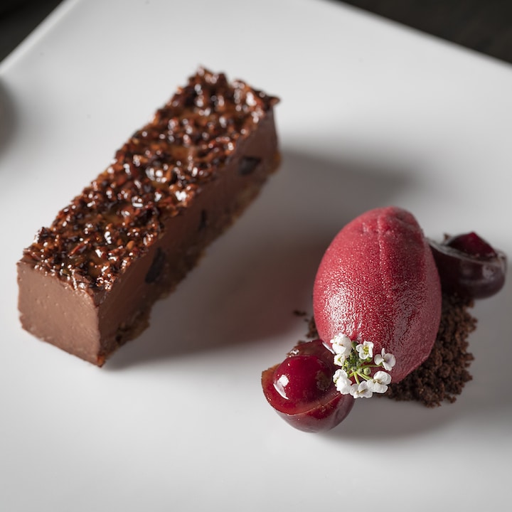 chocolate mousse with British cherries and black cherry sorbet