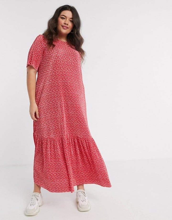 New In Fashion May 2020: ASOS Design, Curve Maxi T-Shirt Dress In Floral Red Ditsy Plisse