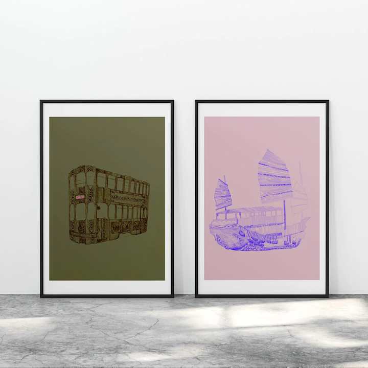 affordable hong kong themed wall art photography fine art print on paper lab colourful line art prints hk sights ding ding trams sampans