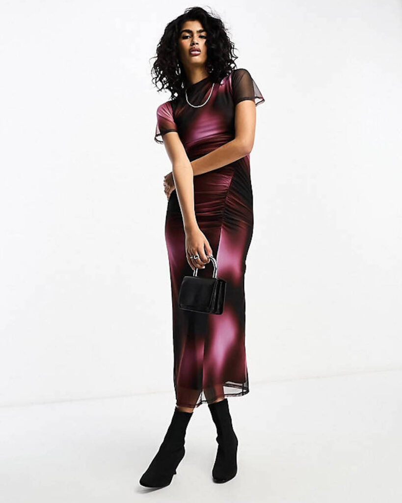 september 2023 sassy edit affiliate pick 2 ASOS DESIGN mesh asymmetric neckline and ruched seams midi dress in black