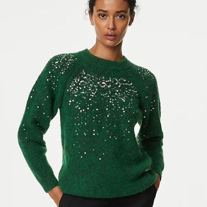 best christmas jumpers hong kong ugly sweaters holiday festive knitwear winter woollen cardigans 2023 marks and spencer m&s collection sequin crew neck jumper