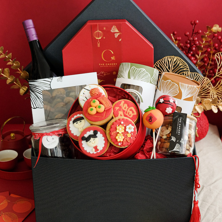 hong kong festive gift hampers holiday celebration baskets gourmet lunar chinese new year 2024 year of the dragon the cakery cny gourmet hamper fondant cookies cake pops chocolate