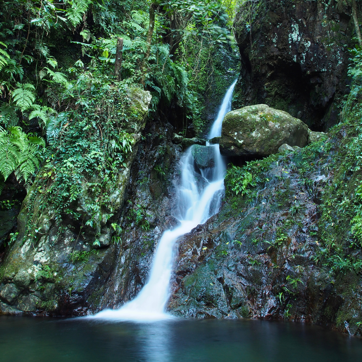 Ng Tung Chai Waterfall and rock pool, located at the north-western part of Tai Mo Shan, Hong Kong. This waterfall hiking trail passes by Man Tak Yuen temple.