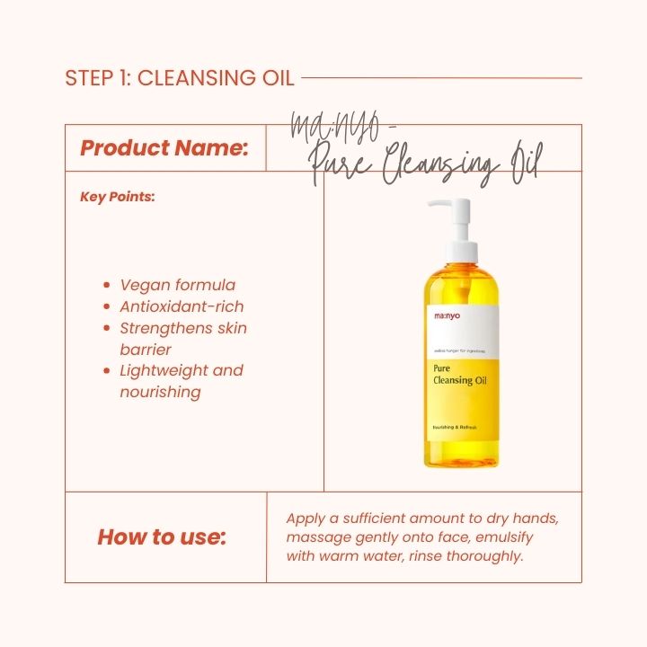 ma:nyo’s Pure Cleansing Oil infographic, listing key benefits and how to use.