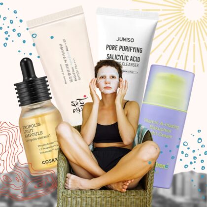 Girl and sheet mask with Korean skincare products behind her, weather elements at the back.