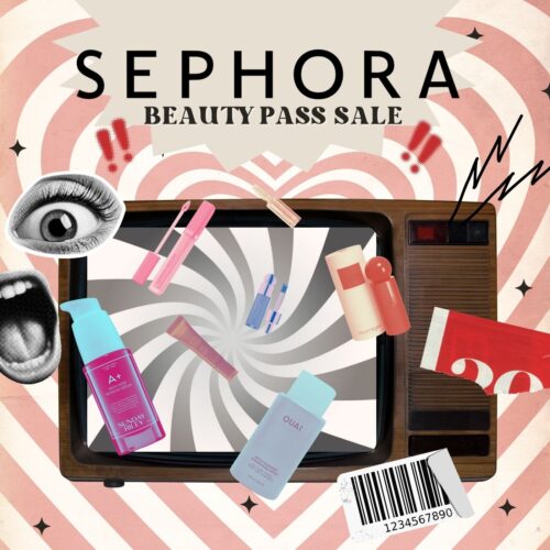 Sephora Beauty Pass Sale retro collage featuring beauty products spiraling out of a retro TV