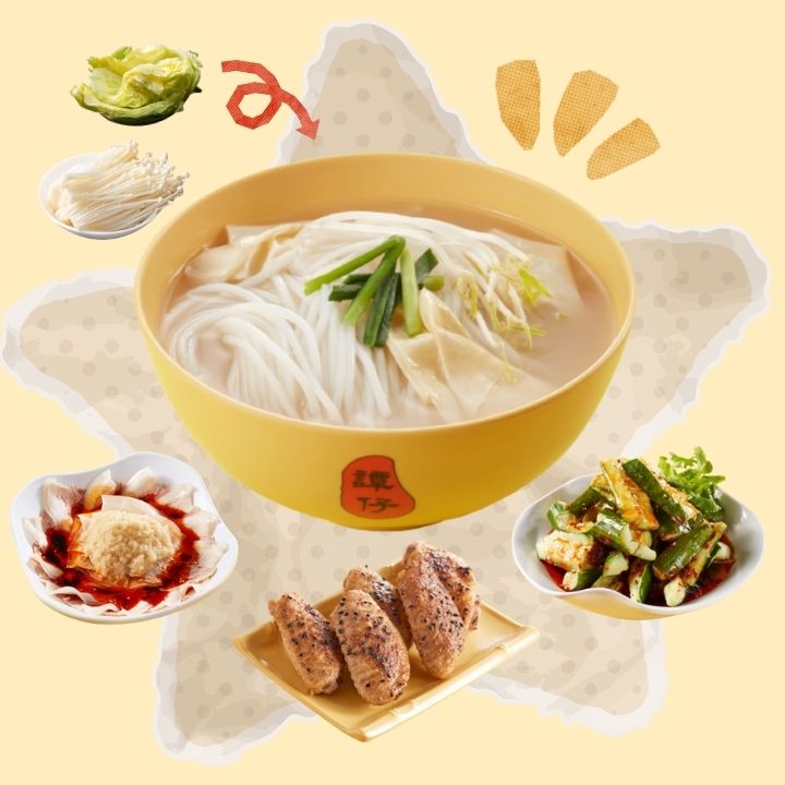 Team Sassy's TamJai Order Clear broth rice noodles lettuce enoki mushroom toppings spicy garlic pork belly infamous TamKai TuFei chicken wings and cucumber drench in signature chili sauce