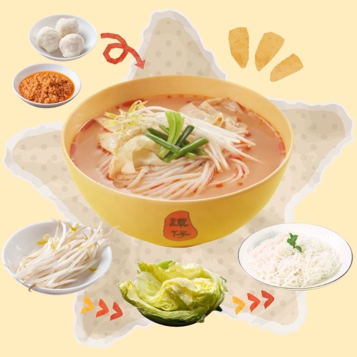 TamJai order spicy mala soup base minced pork and cuttlefish balls toppings. Change rice noodles with alternative base such as bean sprouts, lettuce and konjac noodles