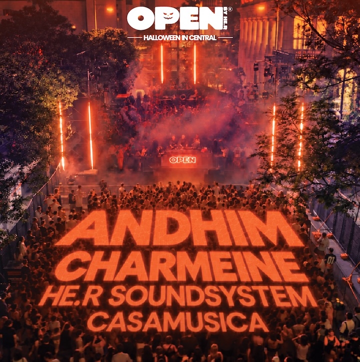 poster promoting OPEN by HE.R chater road street party halloween rave in central in Hong Kong, 2026