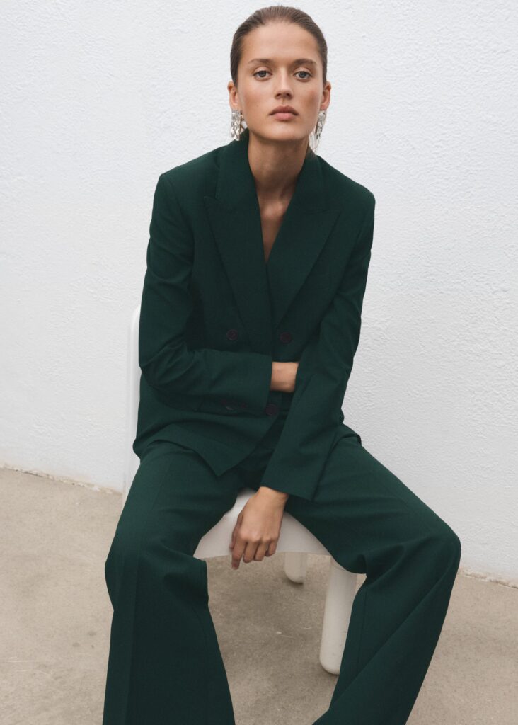 mango Double-breasted suit jacket, green linen, holiday party outfit inspiration