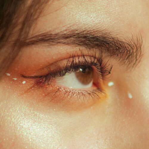 close-up shot photograph a woman's eye and perfectly groomed eyebrows