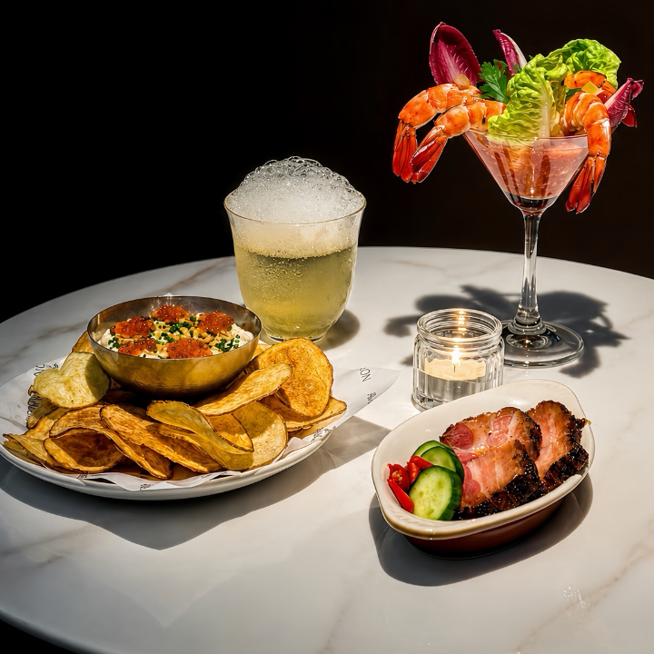 spread of drinks and food from TAKE 5, a new bar in H Queen's Hong Kong
