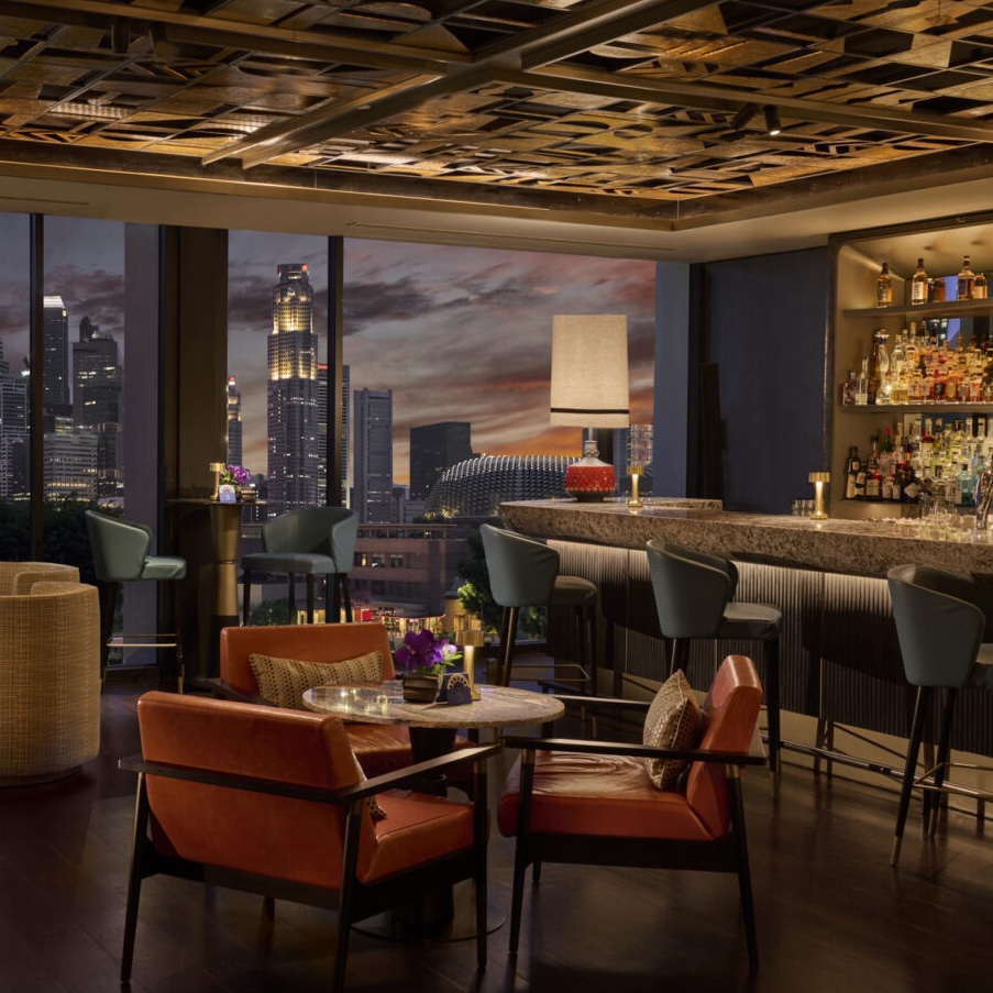 interior of MO Bar at the Mandarin Oriental Shenzhen hotel showing skyline city views