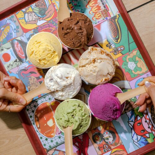 Group shot of cups of Snack Baby ice cream at BaseHall in Central, Hong Kong, from a bird's eye view