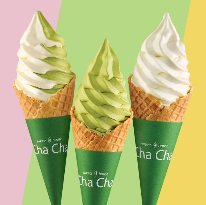 three cones of soft serve from sweet house cha cha ice cream shop in hong kong