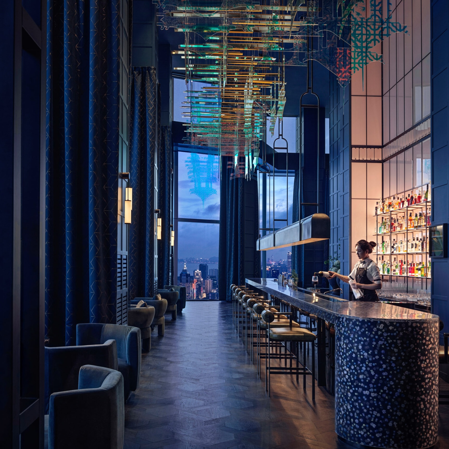 interior of the attic bar on the highest floor of the park hyatt hotel in shenzhen