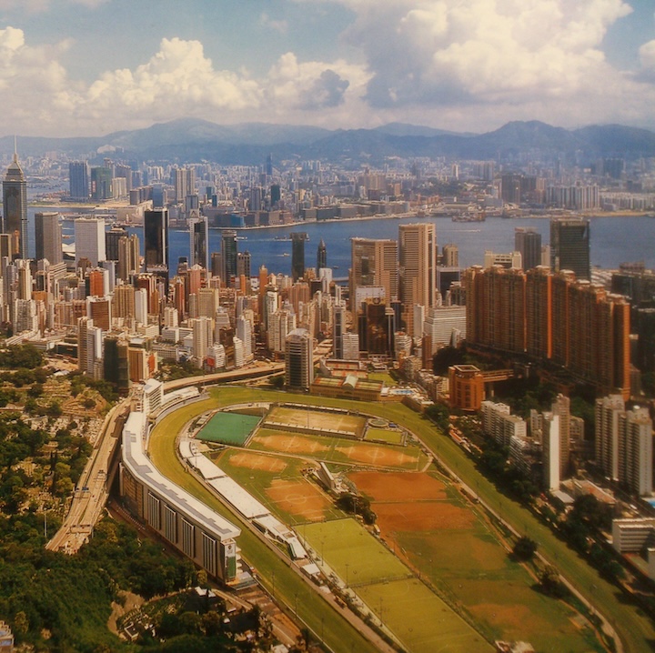 panoramic aerial view of the happy valley racecourse in hong kong