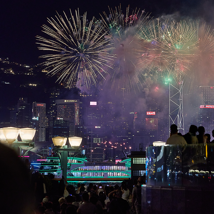 Crowds watching the 2026 National Day fireworks Hong Kong from The Bayside in Hung Hom, Kowloon, Hong Kong