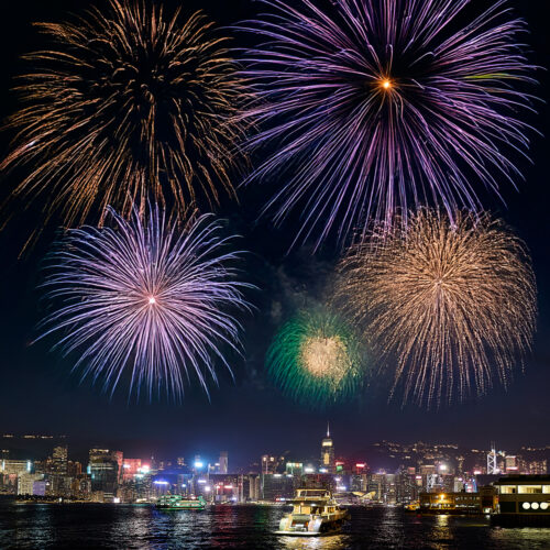 view of the National Day Hong Kong fireworks from The Bayside in Hung Hom, Kowloon