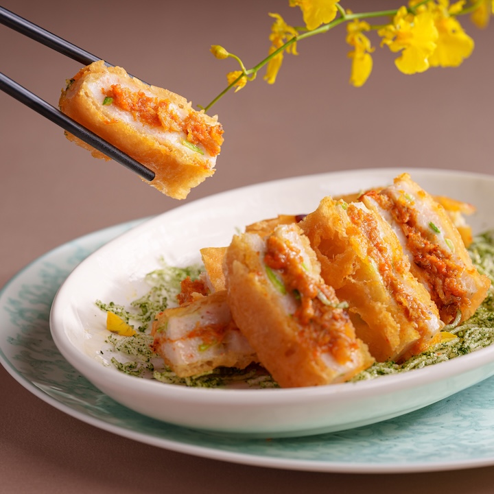 Hyatt TST hong kong- Pan fried bean curd roll with shrimp mousse Shanghai pok choy and crab roe