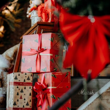 Stack of Christmas gifts with red ribbons under a decorated tree.