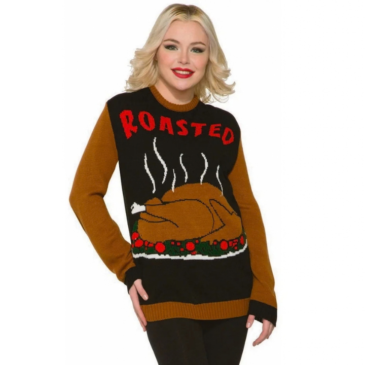 Featuring a black and brown long sleeve sweater with a large brown roasted turkey on a platter printed in the center, as well as the word "Roasted" on the chest, you're going to love this ugly Xmas sweater