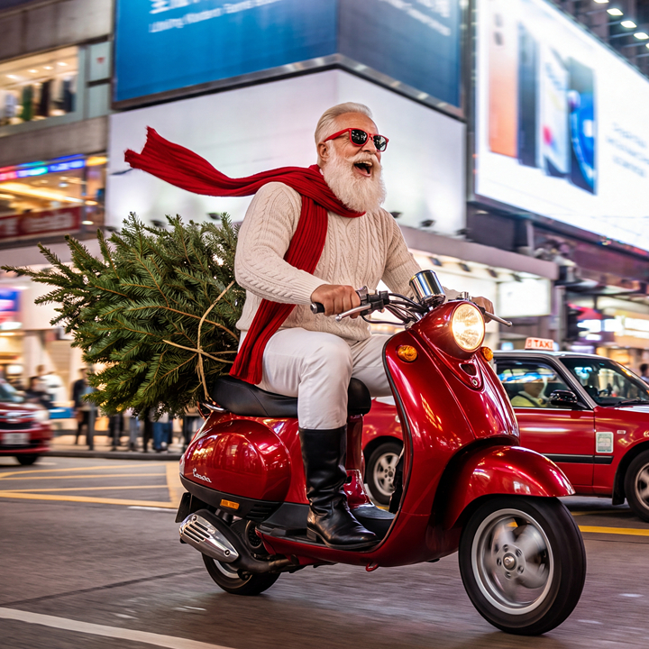 Santa on a Vespa in Hong Kong delivery a Christmas tree to a family from Christmas Tree Hong Kong in 2026